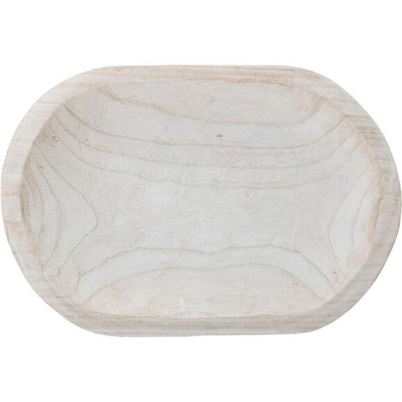 Whitewashed carved wood bowl decorative rustic tray farmhouse centerpiece decor - Picture 3 of 7
